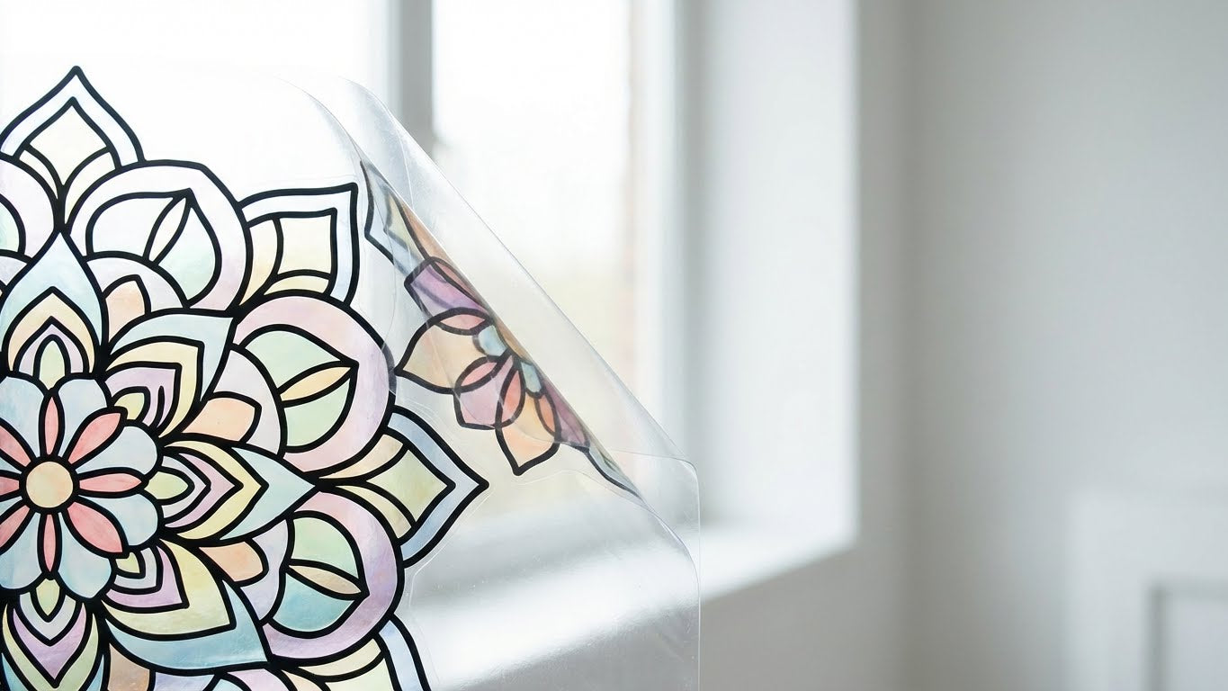 Buntes Mandala Fensterbild wird von der Glasscheibe abgezogen gestaltet mit LM Kreativ Window Color Konturfarbe.