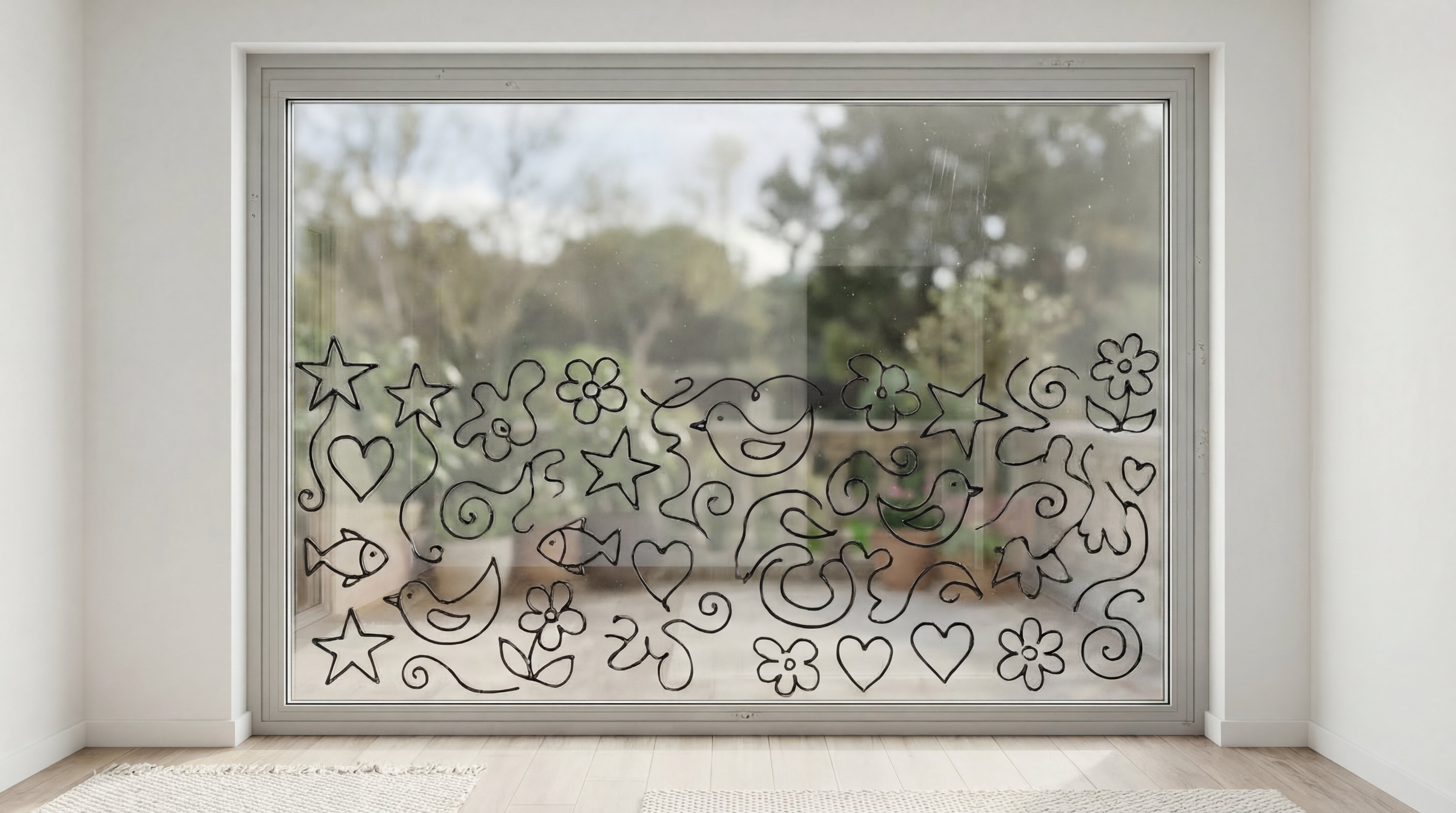 Fenster mit schwarzen Konturmotiven wie Sterne, Herzen, Blumen und Voegel gestaltet mit LM Kreativ Window Color Konturfarbe.