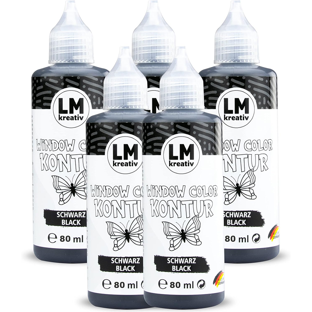 LM Kreativ Window Color Konturfarbe Schwarz im Set mit mehreren 80 ml Flaschen.
