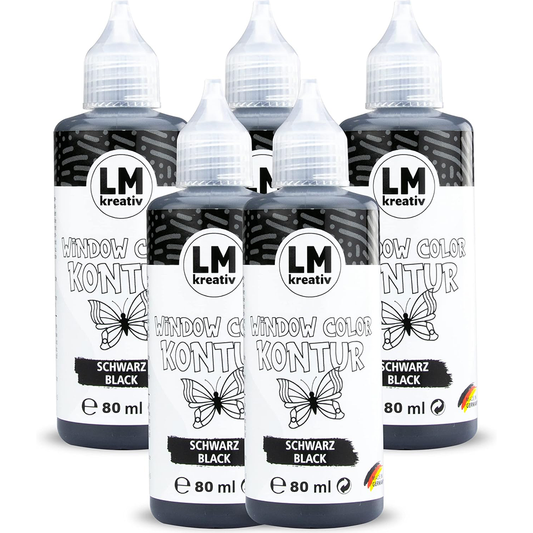 LM Kreativ Window Color Konturfarbe Schwarz im Set mit mehreren 80 ml Flaschen.