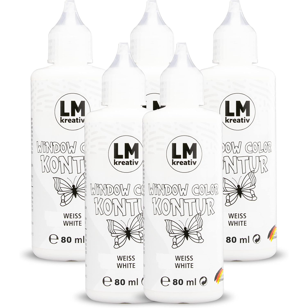 LM Kreativ Window Color Konturfarbe Weiss im Set mit mehreren 80 ml Flaschen.
