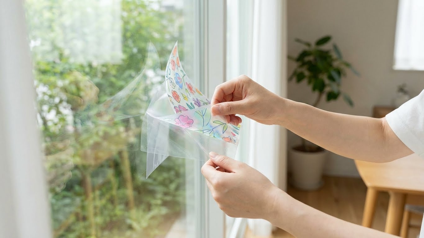 Haende ziehen ein getrocknetes Window Color Motiv von einer transparenten Folie ab.
