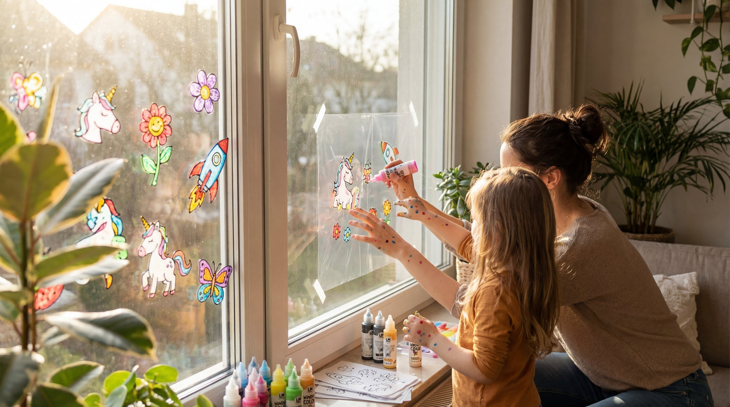 Kind und Erwachsene gestalten gemeinsam Window Color Motive auf Fensterfolie mit Farben aus dem LM Kreativ Set.