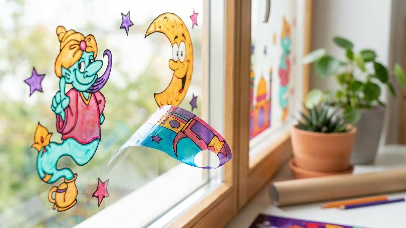 Detailaufnahme einer bemalten Folie aus dem LM Kreativ Window Color Set 1001 Nacht beim Abziehen von der Fensterscheibe.