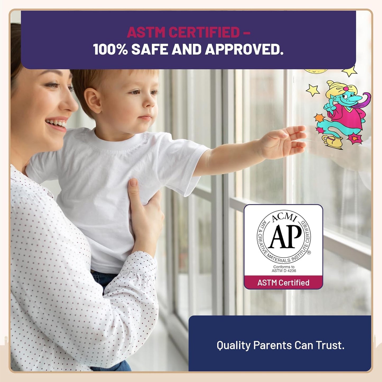 Mutter mit Kind am Fenster mit orientalischem Motiv aus dem LM Kreativ Window Color Set 1001 Nacht und Hinweis auf ASTM zertifizierte Farben.
