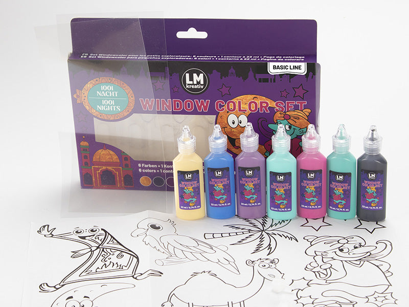 LM Kreativ Window Color Set 1001 Nacht mit sieben Farbflaschen vor der Verpackung und ausgebreiteten orientalischen Motivvorlagen.