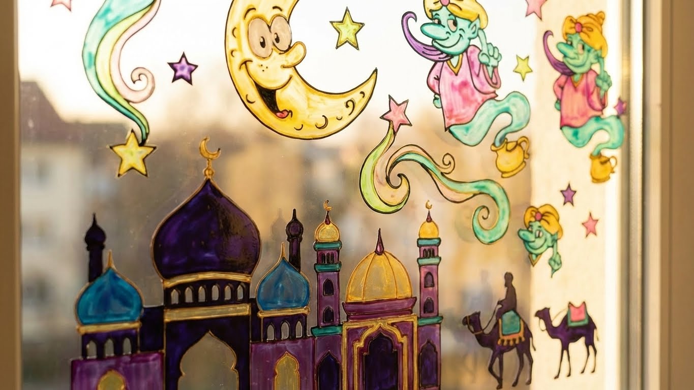 Buntes Fensterbild mit Mond, Dschinn, Moschee und Kamelen gestaltet mit dem LM Kreativ Window Color Set 1001 Nacht.