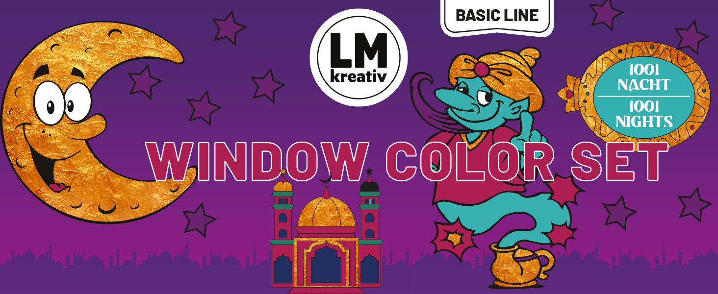 Headergrafik des LM Kreativ Window Color Set 1001 Nacht mit goldenem Mond, Dschinn, Moschee und Sternen auf violettem Hintergrund.