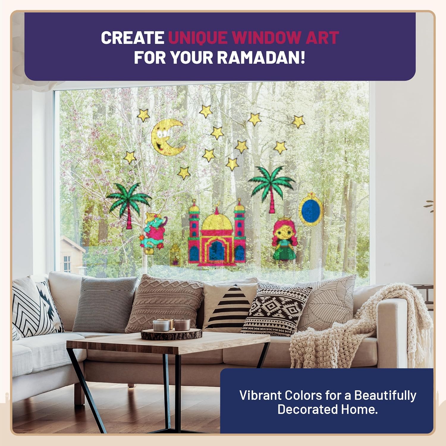 Wohnzimmerfenster mit bunten orientalischen Motiven wie Moschee, Sterne und Palmen gestaltet mit dem LM Kreativ Window Color Set 1001 Nacht.