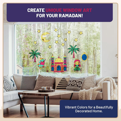 Wohnzimmerfenster mit bunten orientalischen Motiven wie Moschee, Sterne und Palmen gestaltet mit dem LM Kreativ Window Color Set 1001 Nacht.
