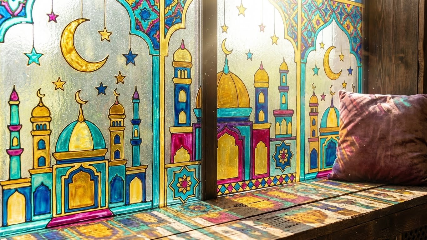 Detailreiches Moschee- und Sternenmotiv als Fensterbild gestaltet mit dem LM Kreativ Window Color Set 1001 Nacht in Gold, Blau und Magenta.