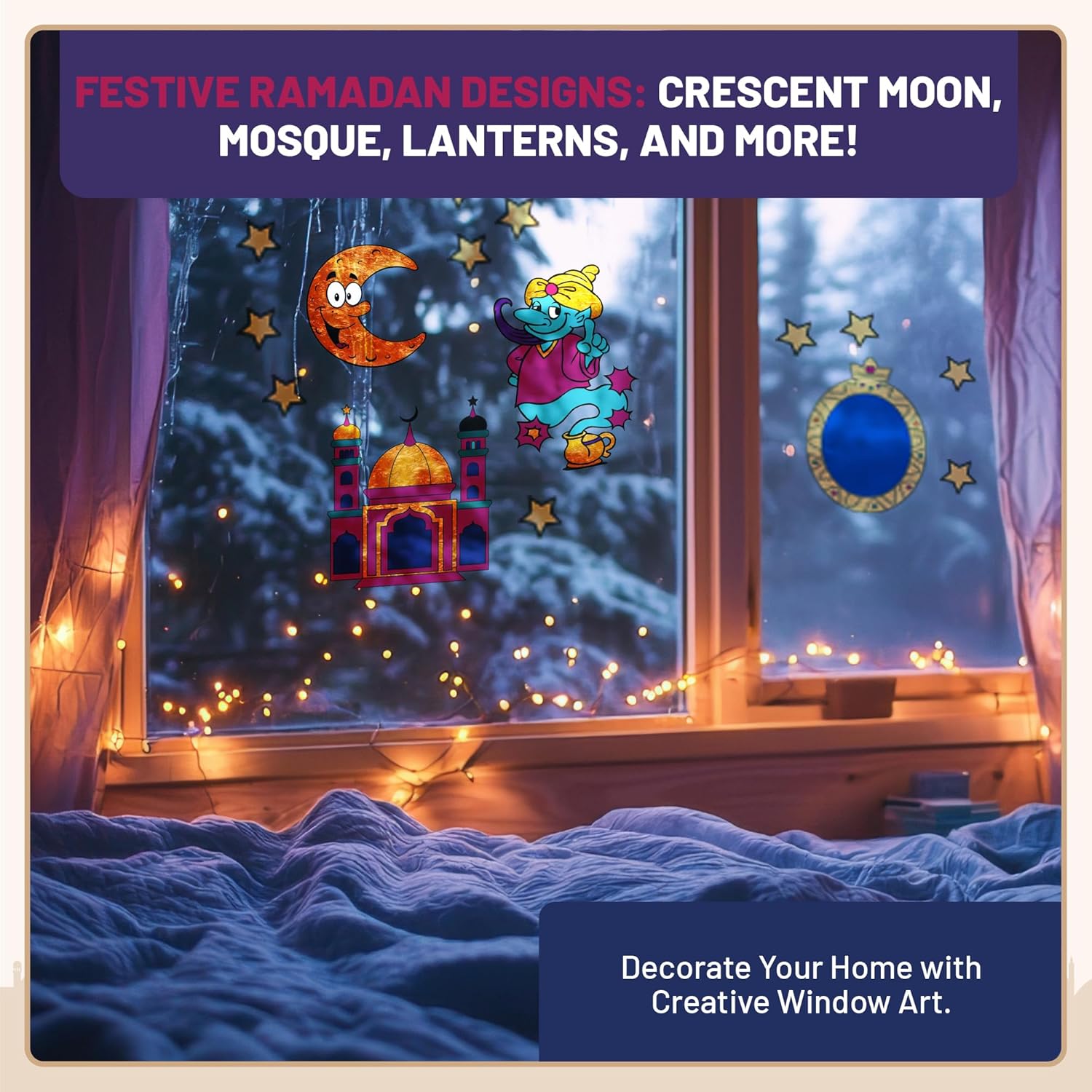 Fensterdekoration mit Mond, Moschee, Sternen und Dschinn gestaltet mit dem LM Kreativ Window Color Set 1001 Nacht bei winterlicher Abendstimmung.