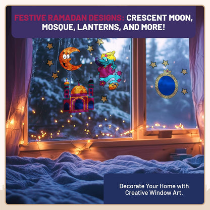 Fensterdekoration mit Mond, Moschee, Sternen und Dschinn gestaltet mit dem LM Kreativ Window Color Set 1001 Nacht bei winterlicher Abendstimmung.