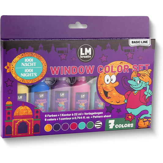 Vorderseite der Verpackung vom LM Kreativ Window Color Set 1001 Nacht mit orientalischem Design, Dschinn, Mond und sichtbaren Farbflaschen.