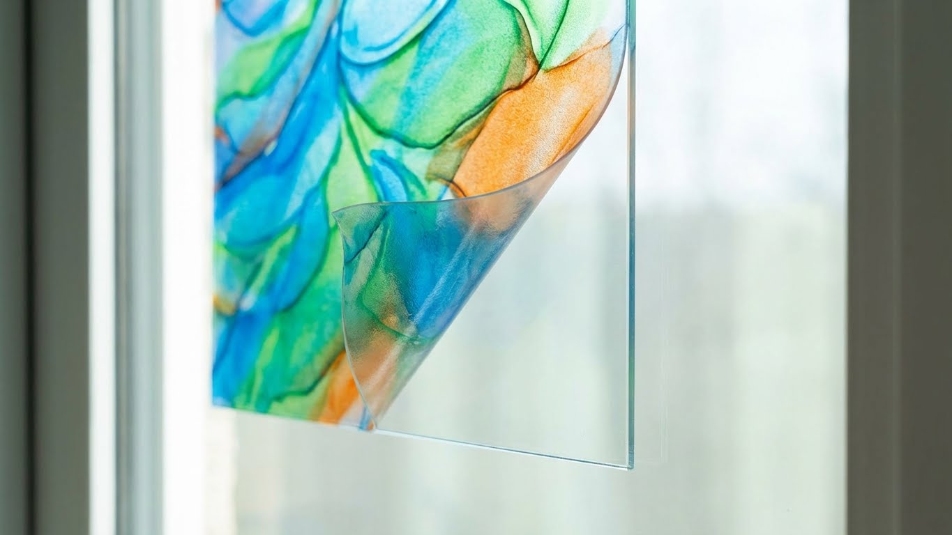 Detailaufnahme einer abziehbaren bemalten Folie aus dem LM Kreativ Window Color Set Kleine Entdecker beim Loesen von einer Glasscheibe.