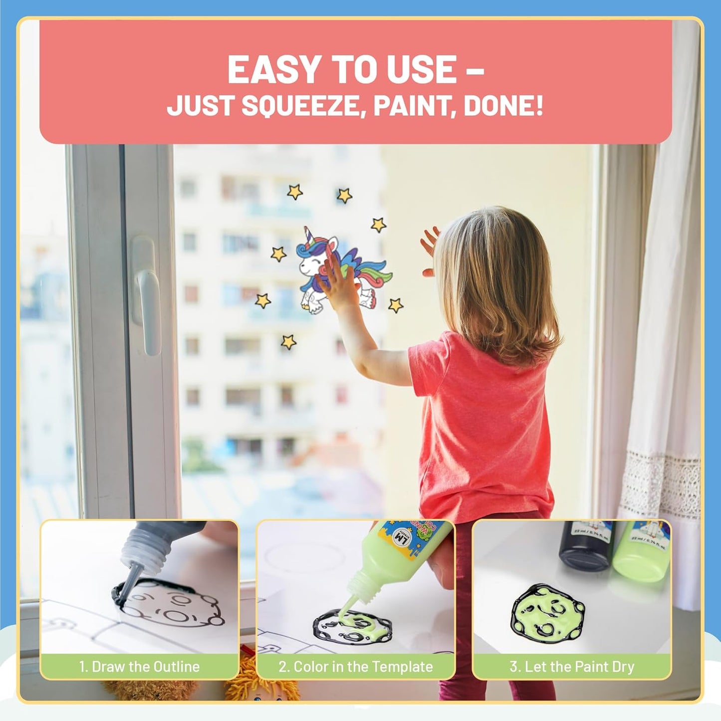 Anwendung des LM Kreativ Window Color Set Kleine Entdecker mit Schritt-für-Schritt Darstellung vom Konturzeichnen bis zum Trocknen des Motivs.