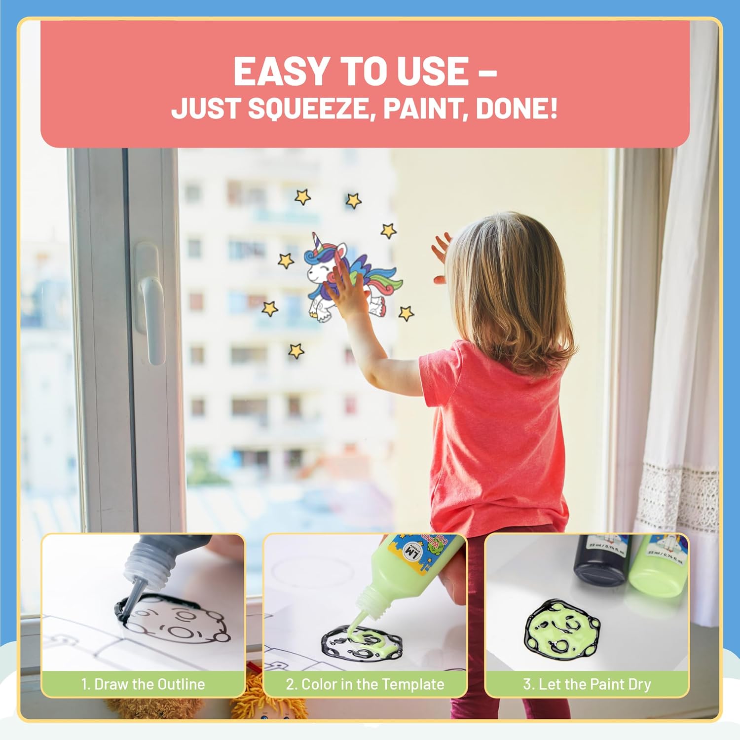 Anwendung des LM Kreativ Window Color Set Kleine Entdecker mit Schritt-für-Schritt Darstellung vom Konturzeichnen bis zum Trocknen des Motivs.