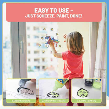 Anwendung des LM Kreativ Window Color Set Kleine Entdecker mit Schritt-für-Schritt Darstellung vom Konturzeichnen bis zum Trocknen des Motivs.