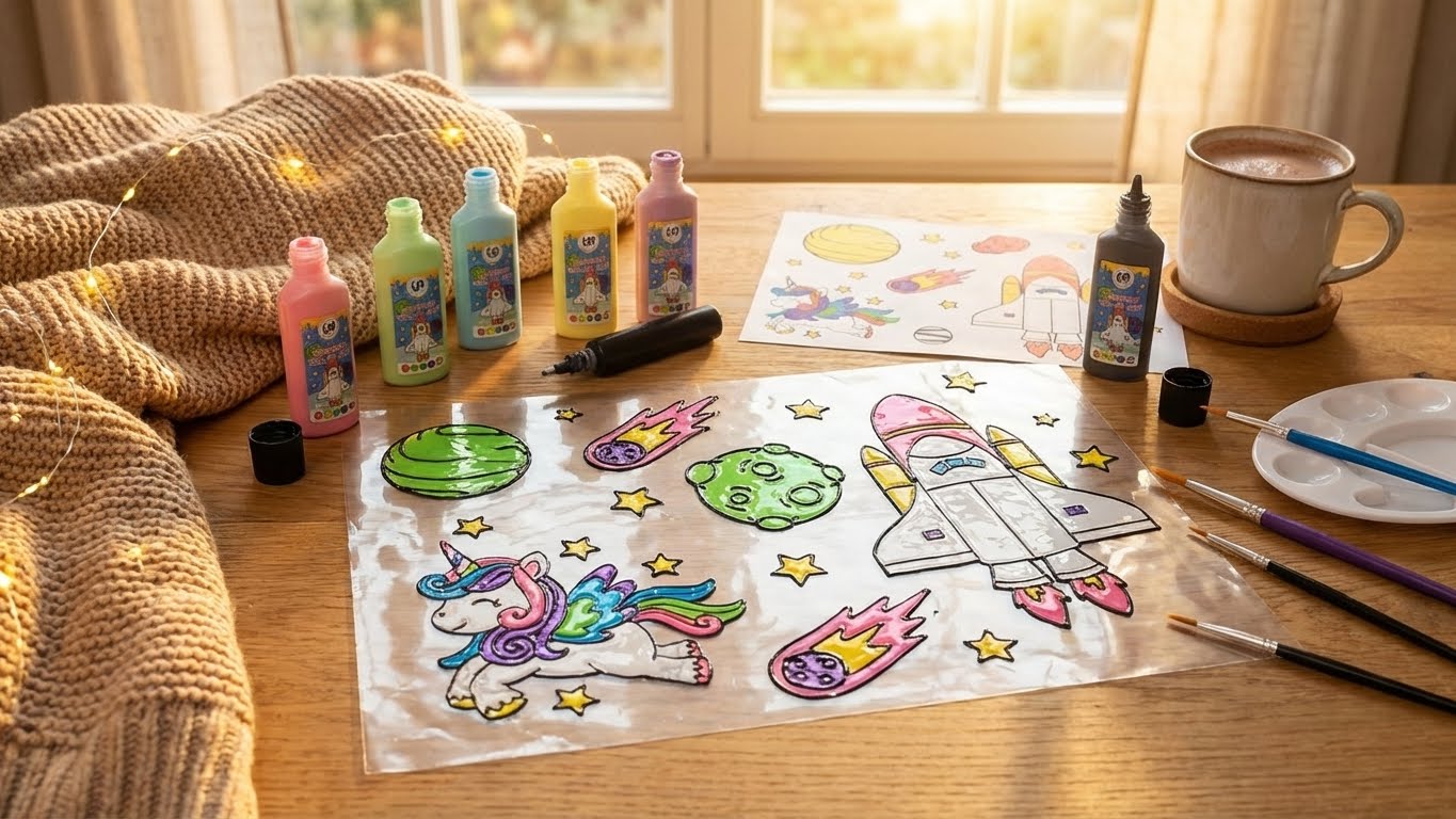 Bastelszene mit dem LM Kreativ Window Color Set Kleine Entdecker, Farbflaschen, Konturfarbe und Weltraum-Motivvorlagen auf einem Tisch.