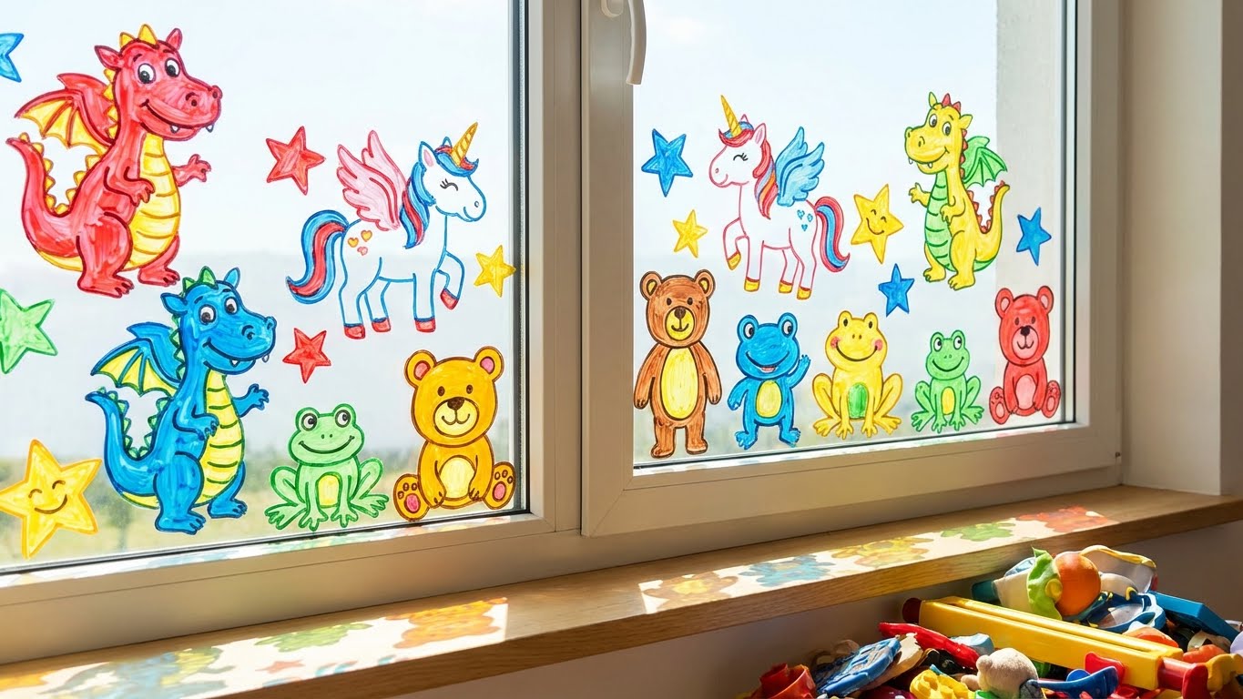 Bunte Tiermotive wie Drachen, Einhorn, Baer und Froesche als Fensterbilder mit dem LM Kreativ Window Color Set Kleine Entdecker im Kinderzimmer.