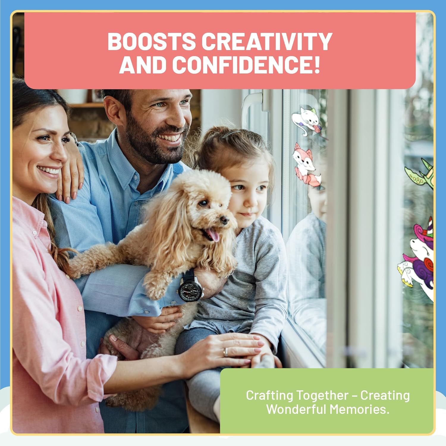 Familie mit Hund vor einem Fenster mit bunten Motiven aus dem LM Kreativ Window Color Set Kleine Entdecker und gemeinsamer Bastelatmosphaere.