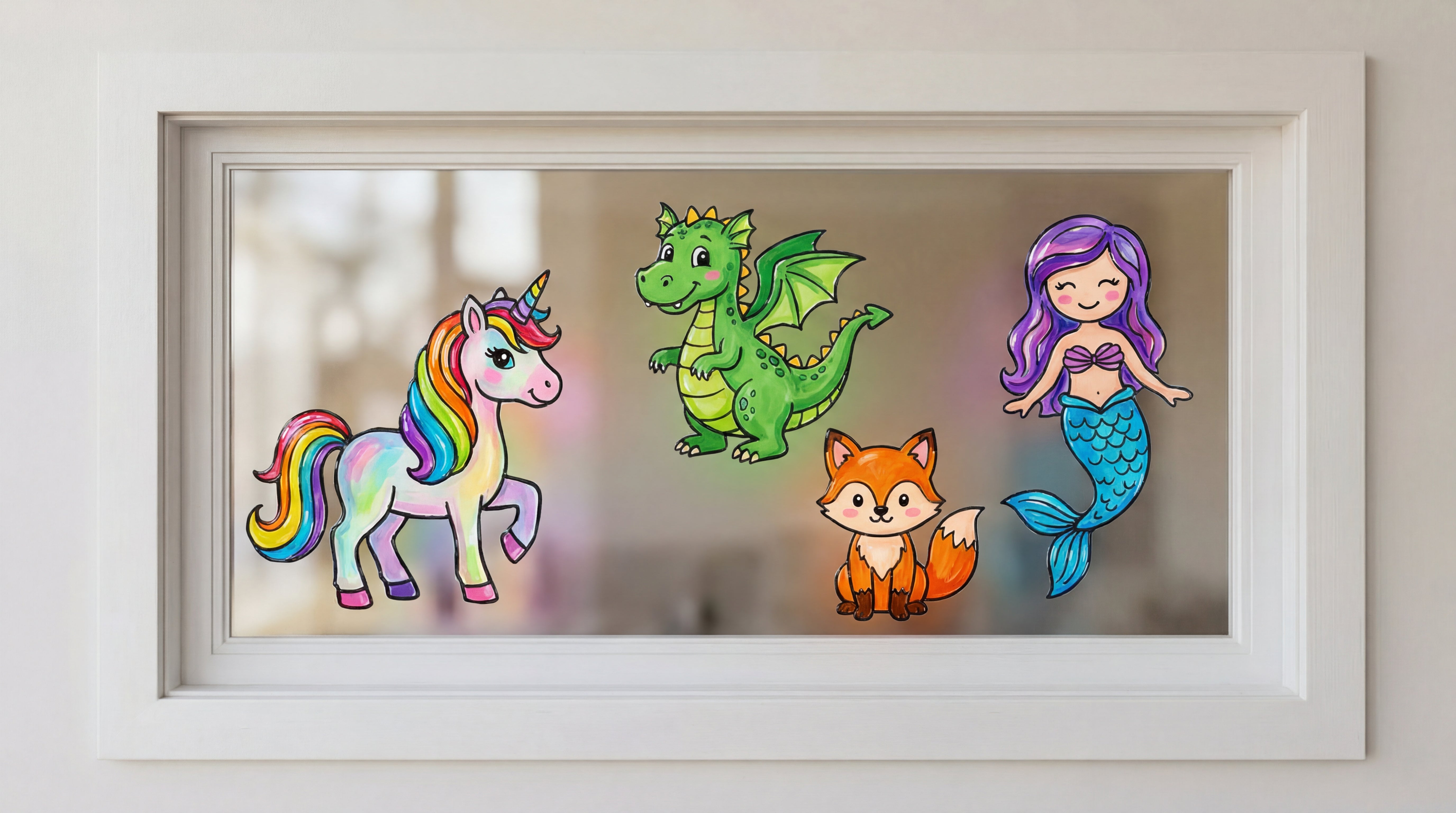 Fenster mit bunten Fantasiemotiven wie Einhorn, Drache, Fuchs und Meerjungfrau gestaltet mit dem LM Kreativ Window Color Set Kleine Entdecker.
