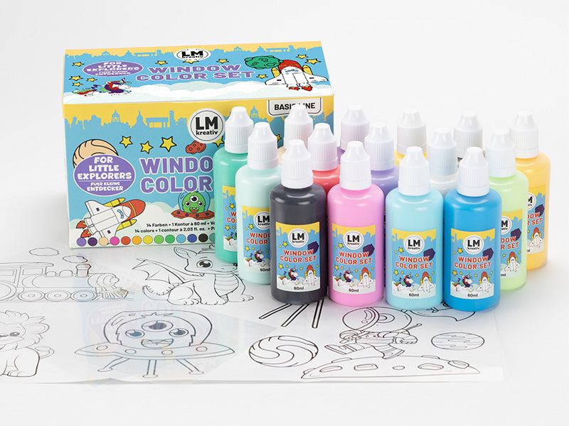LM Kreativ Window Color Set Kleine Entdecker mit mehreren Farbflaschen und ausgebreiteten Motivvorlagen auf hellem Untergrund.