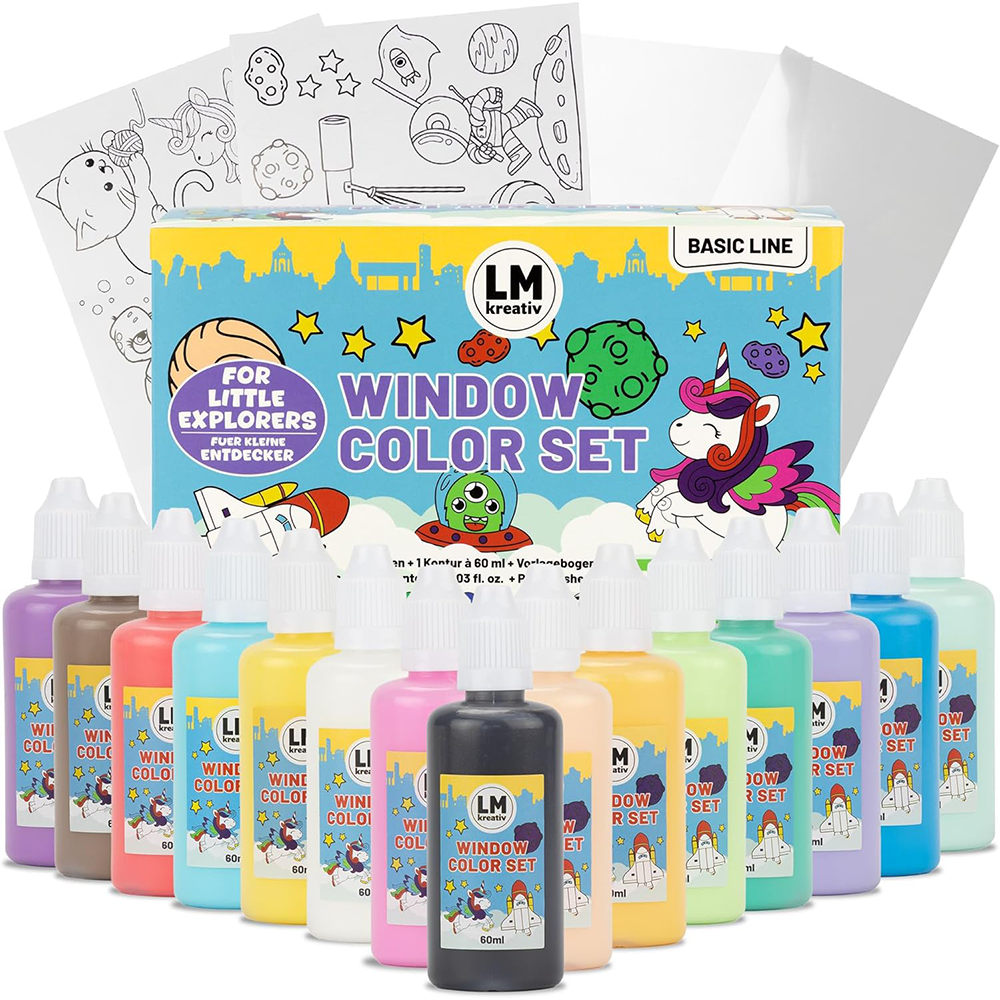 Mehrere Farbflaschen des LM Kreativ Window Color Set Kleine Entdecker vor der Verpackung mit Vorlagenblaettern im Hintergrund.