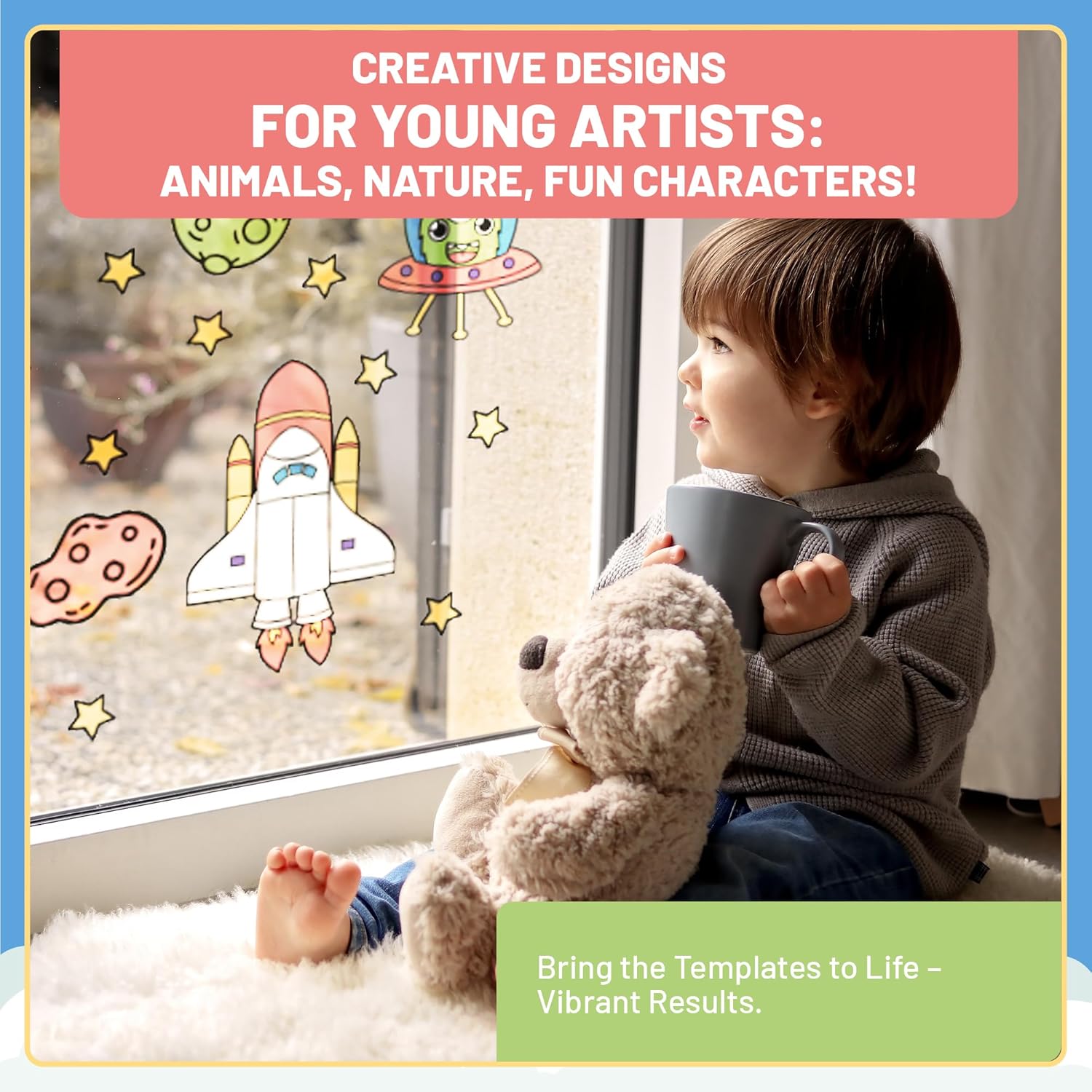 Kind sitzt mit Teddybär am Fenster und betrachtet bunte Fensterbilder aus dem LM Kreativ Window Color Set Kleine Entdecker mit Rakete und Sternen.