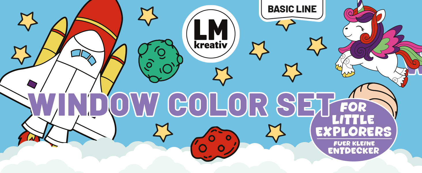 Headergrafik des LM Kreativ Window Color Set Kleine Entdecker mit Rakete, Sternen, Planet und Einhorn im Weltraumdesign.