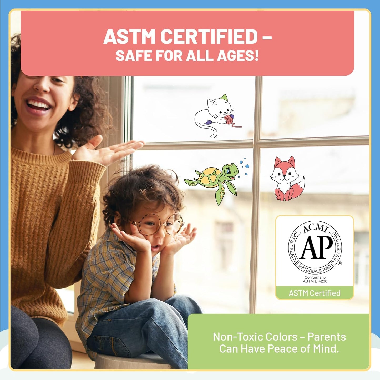 Mutter und Kind am Fenster mit Tiermotiven aus dem LM Kreativ Window Color Set Kleine Entdecker und Hinweis auf ASTM zertifizierte Farben.