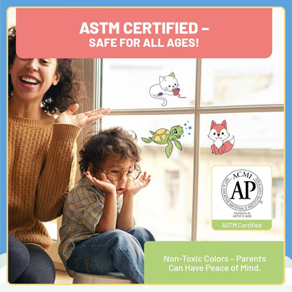Mutter und Kind am Fenster mit Tiermotiven aus dem LM Kreativ Window Color Set Kleine Entdecker und Hinweis auf ASTM zertifizierte Farben.