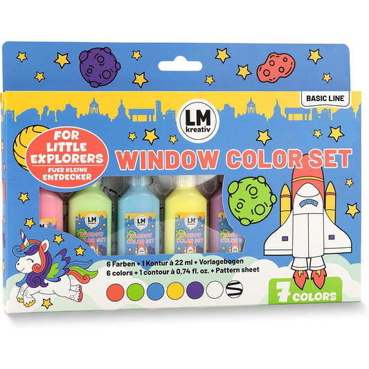Verpackung des LM Kreativ Window Color Set Kleine Entdecker mit sichtbaren Farbflaschen und kindgerechtem Weltraumdesign auf der Vorderseite.