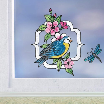 Detailreiches Vogelmotiv als Fensterbild gestaltet mit dem LM Kreativ Window Color.
