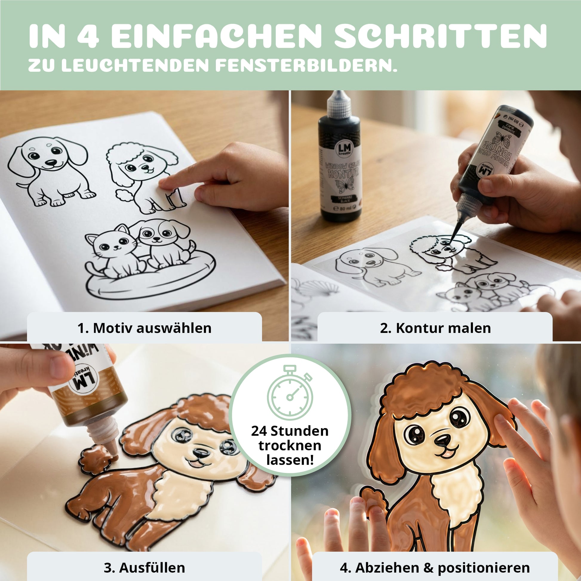 Einfache Anwendung von Window Color in vier Schritten – Motiv auswählen, Kontur malen, ausfüllen und Fensterbild aufkleben