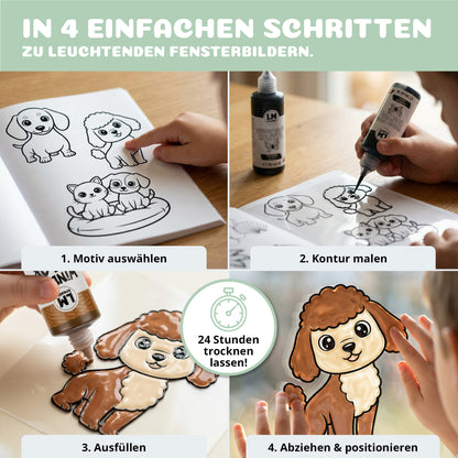 Einfache Anwendung von Window Color in vier Schritten – Motiv auswählen, Kontur malen, ausfüllen und Fensterbild aufkleben