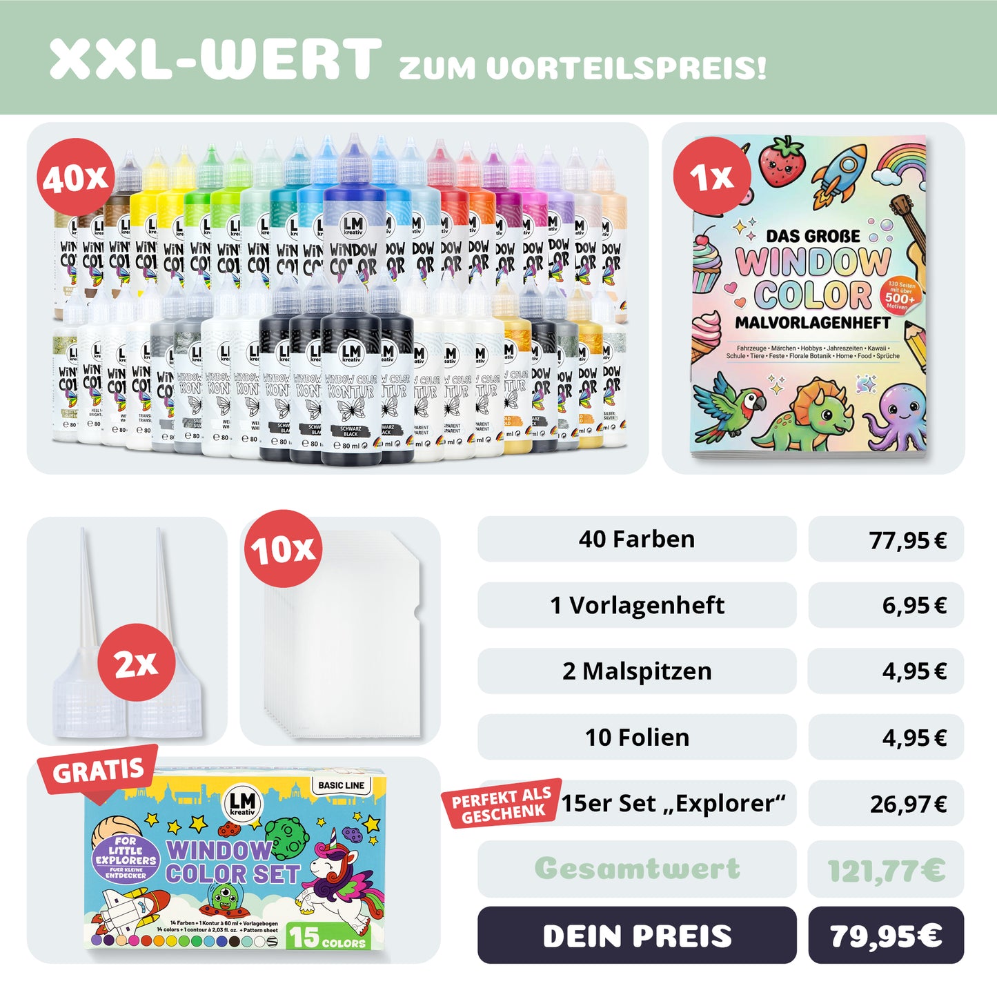 LM Kreativ Window Color XXL 40er Set mit umfangreichem Zubehör und Bonusinhalten – hoher Gesamtwert zum Vorteilspreis