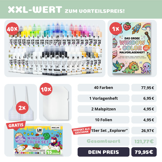 LM Kreativ Window Color XXL 40er Set mit umfangreichem Zubehör und Bonusinhalten – hoher Gesamtwert zum Vorteilspreis