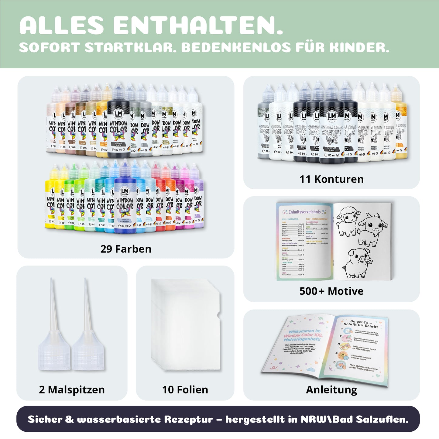 Inhalt des LM Kreativ Window Color XXL Sets mit Window-Color-Farben, Konturfarben, Folien, Malspitzen und Vorlagen