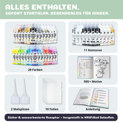 Inhalt des LM Kreativ Window Color XXL Sets mit Window-Color-Farben, Konturfarben, Folien, Malspitzen und Vorlagen
