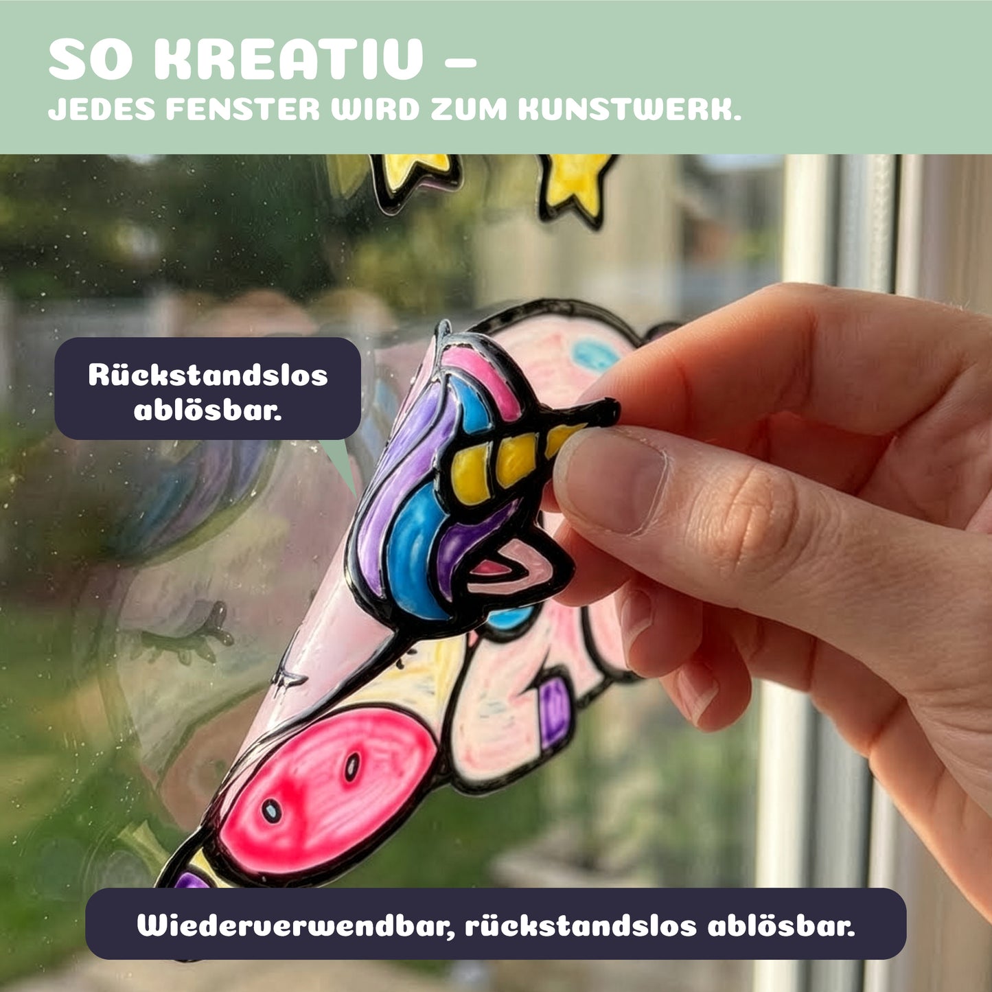 Window Color Fensterbild wird rückstandslos abgezogen und neu positioniert – wiederverwendbare Fensterdekoration