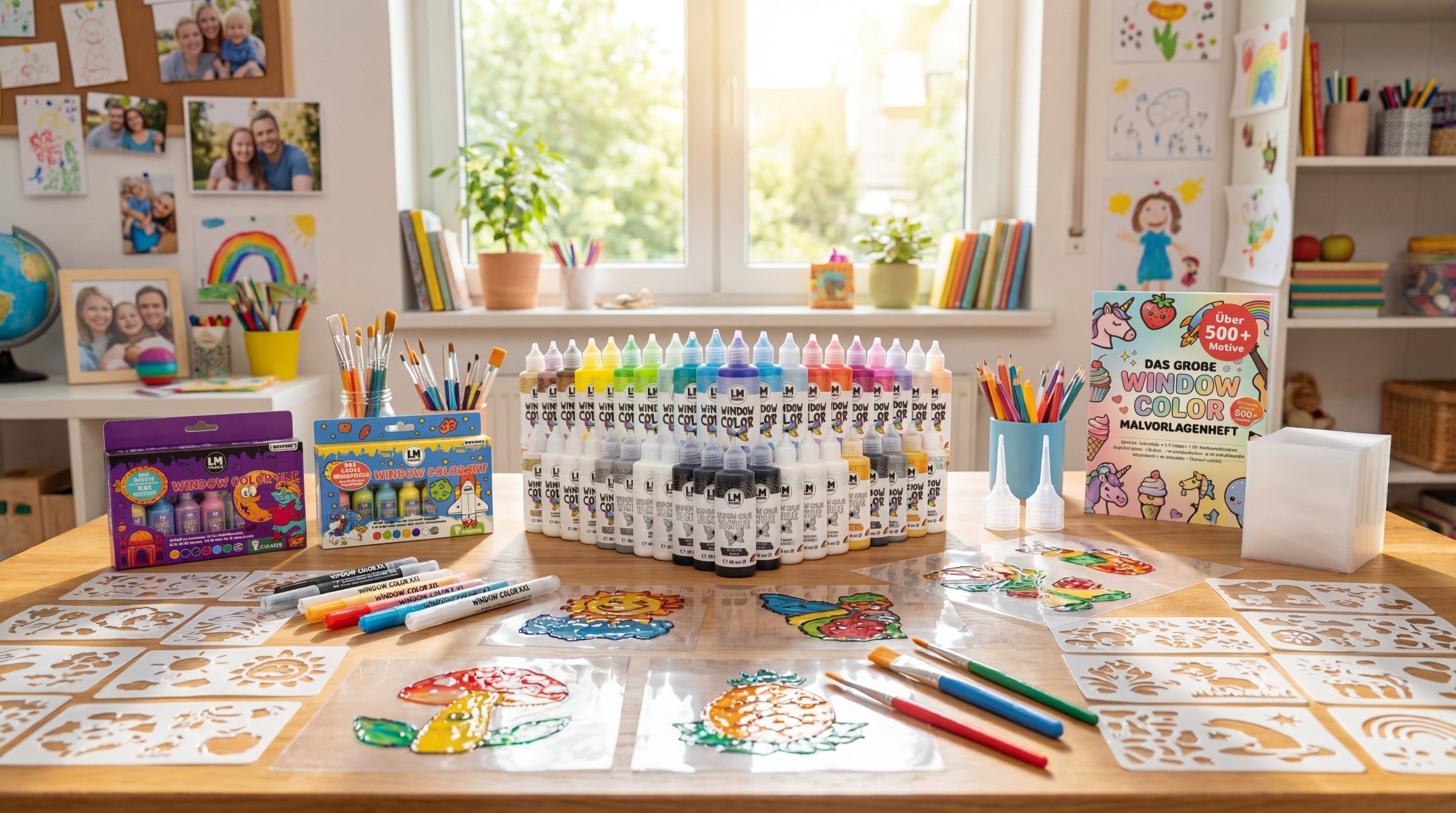 LM Kreativ Window Color XXL 40er Set mit Farben, Vorlagenheft, Folien und Malspitzen auf Kreativtisch im hellen Raum.