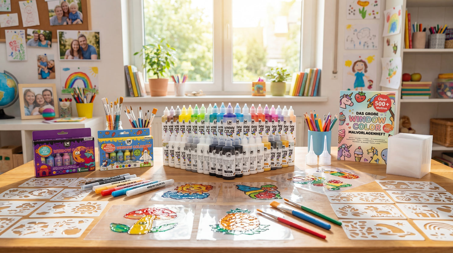 LM Kreativ Window Color XXL 40er Set mit Farben, Vorlagenheft, Folien und Malspitzen auf Kreativtisch im hellen Raum.
