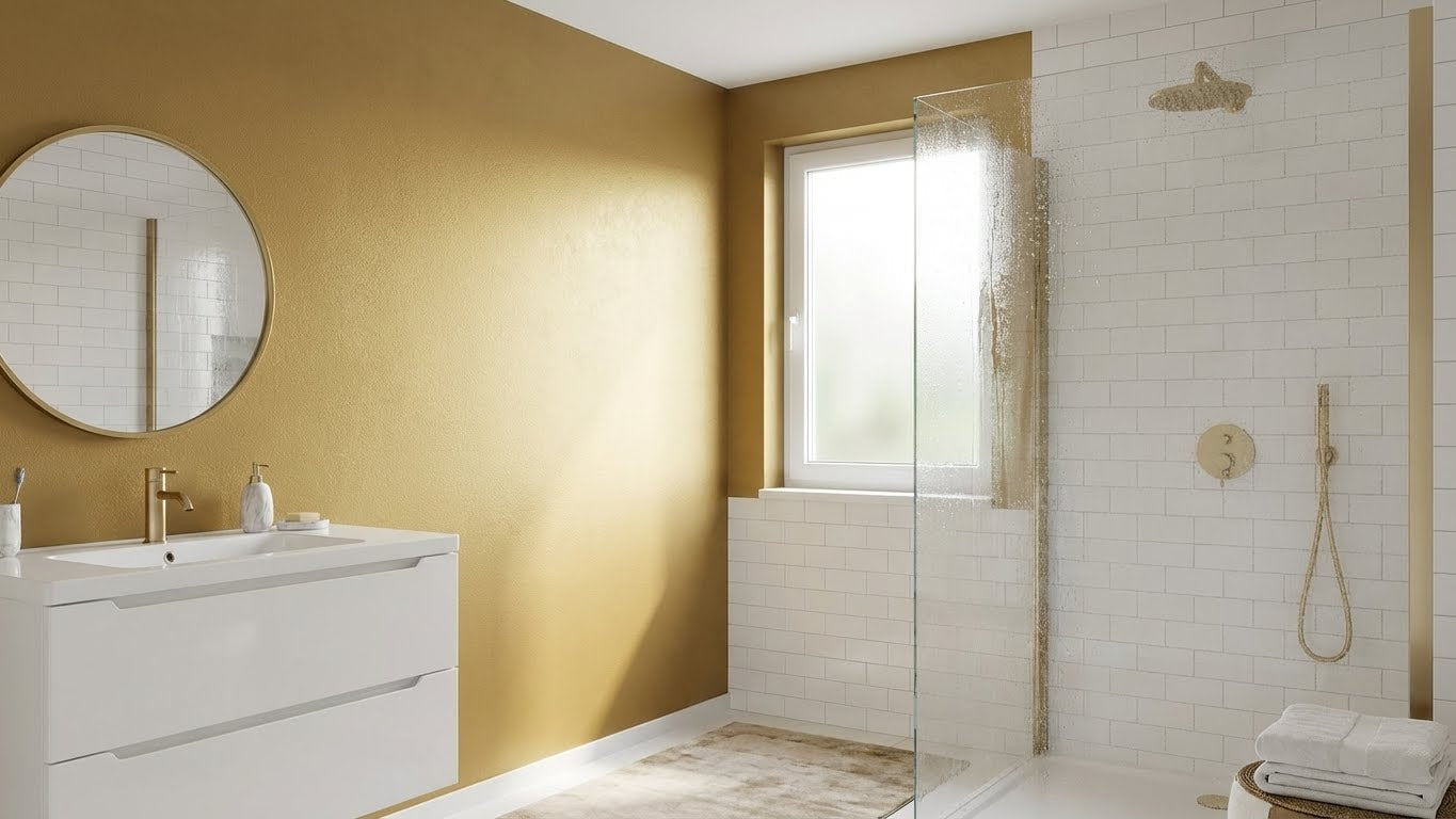 Metallic Wandfarbe im Badezimmer – feuchtigkeitsresistent und stilvoll zugleich.