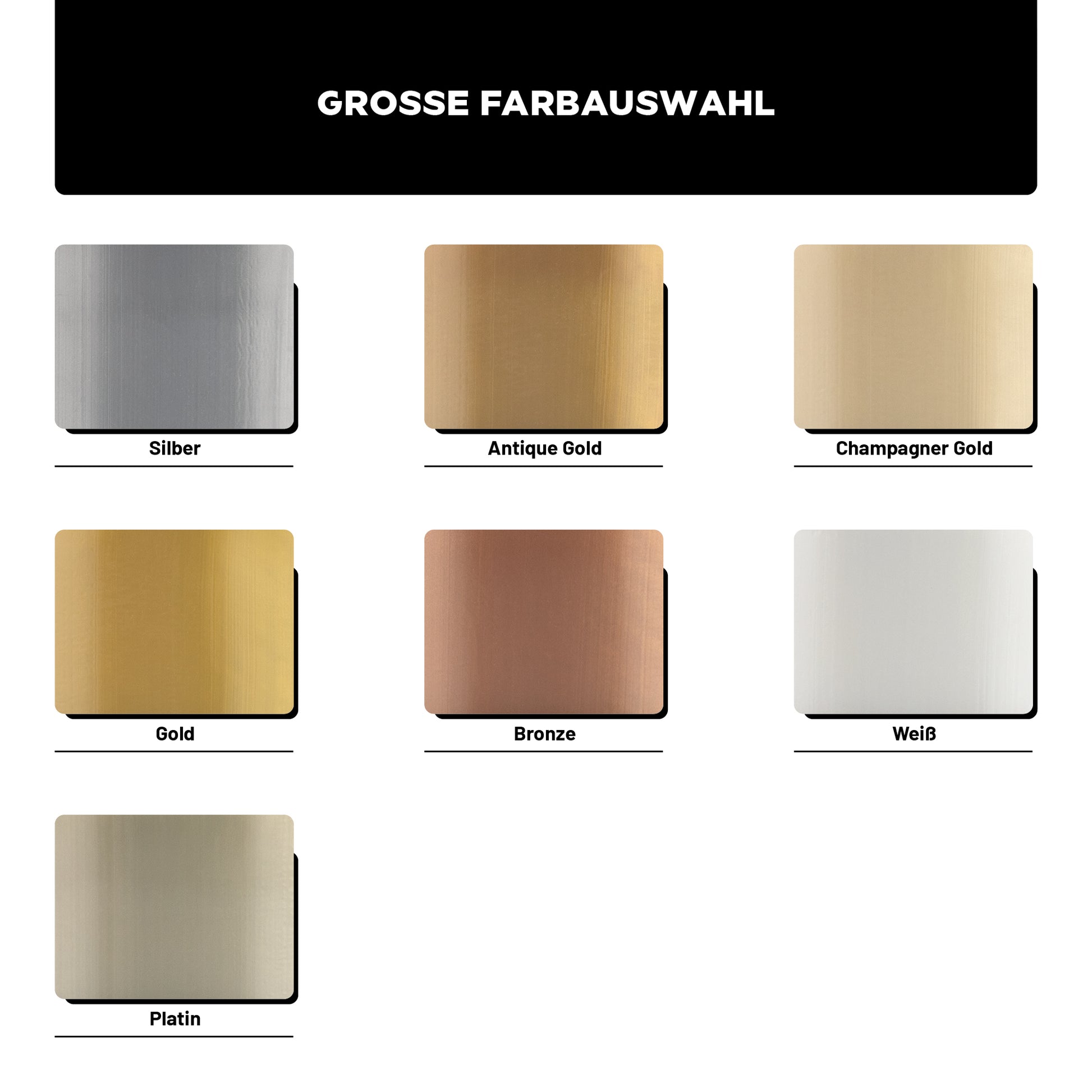 Große Farbauswahl der LM Metallic Wandfarbe: Silber, Antique Gold, Champagner Gold, Gold, Bronze, Weiß und Platin im Überblick.
