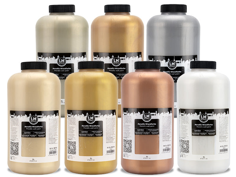 Metallic Wandfarbe 2L in Antique Gold, Bronze, Champagner Gold, Gold, Platin, Silber und Weiß.