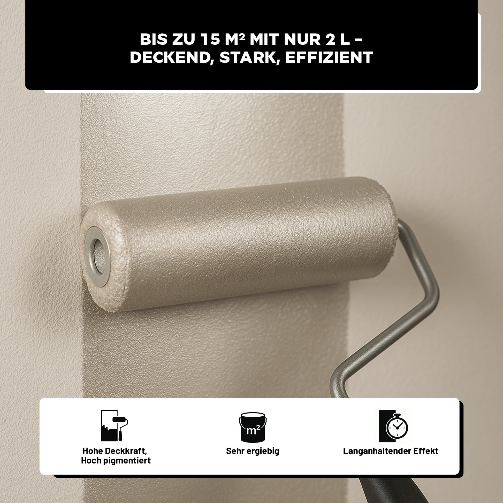 Hohe Deckkraft und starke Pigmentierung – bis zu 15 m² mit 2 Litern bei zwei Anstrichen für ein gleichmäßiges Metallic-Ergebnis.