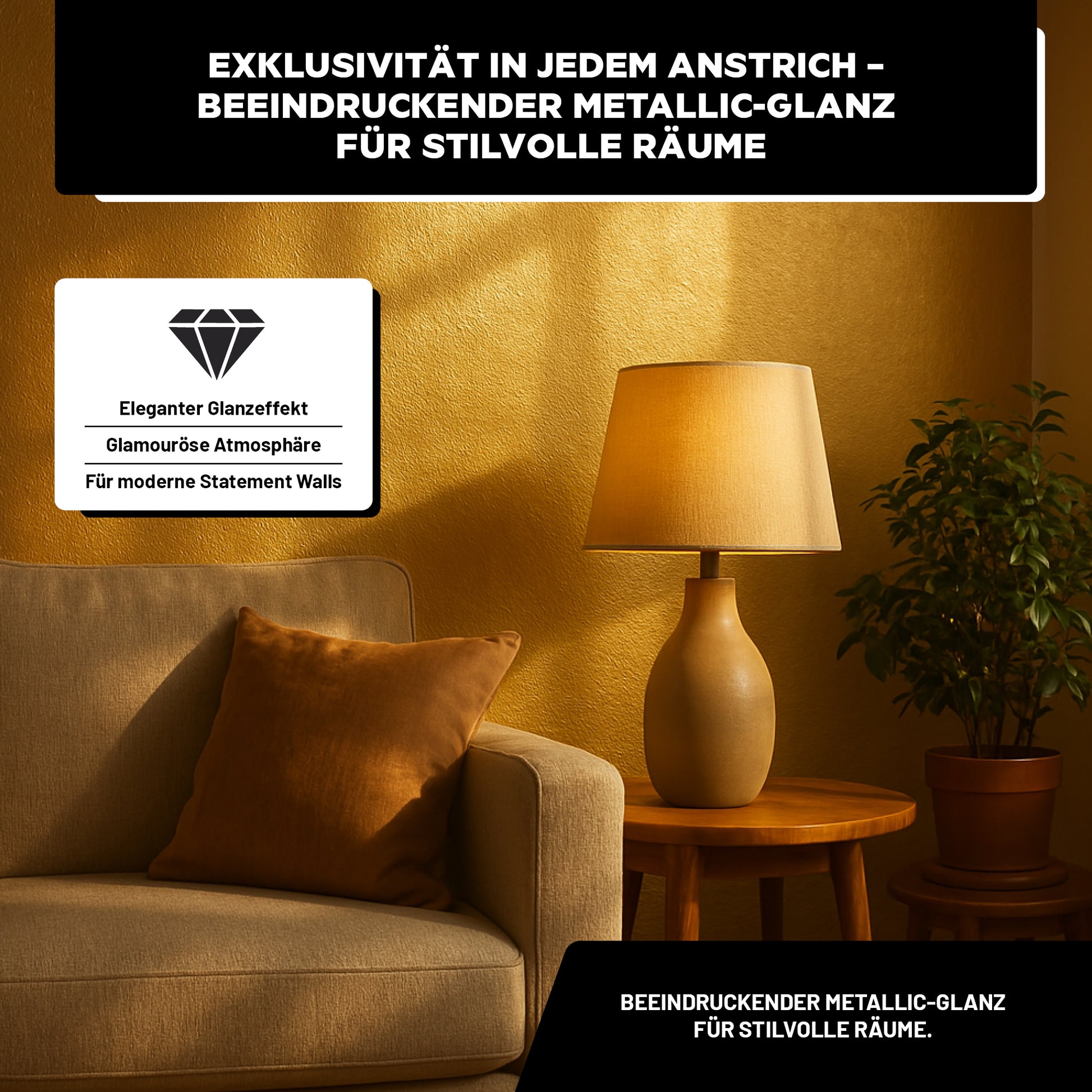 Metallic Wandfarbe in Goldoptik im Wohnzimmer – luxuriöser Glanzeffekt für stilvolle Akzentwände mit edler Raumwirkung.
