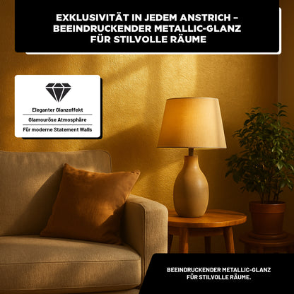 Metallic Wandfarbe in Goldoptik im Wohnzimmer – luxuriöser Glanzeffekt für stilvolle Akzentwände mit edler Raumwirkung.