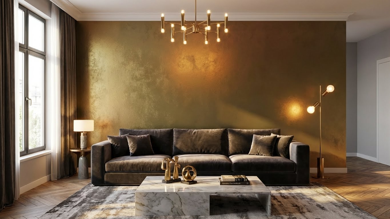 Nachher: Hochwertige Metallic-Akzentwand mit luxuriösem Goldschimmer.